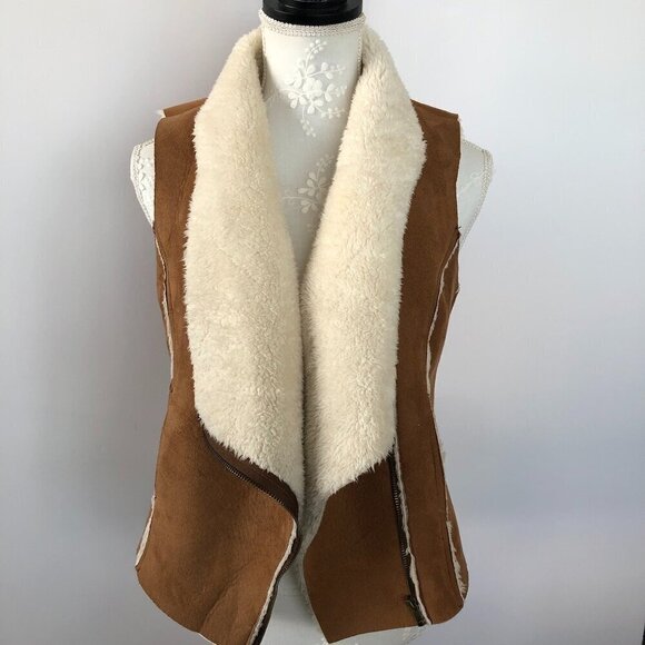 NAMELESS Faux Sherpa Vest Jacket Thick Warm Sleeveless Cognac & Cream Moto Zip S - Picture 9 of 16